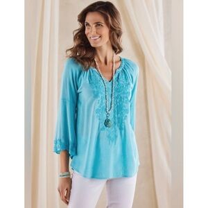 Soft Surroundings Gwyneth Embroidered Blouse‎ M Blue Bell Sleeve Bohemian Rayon